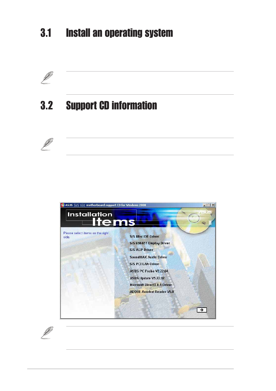 1 install an operating system, 2 support cd information, 1 running the support cd | Asus P4SP-MX SE User Manual | Page 62 / 64