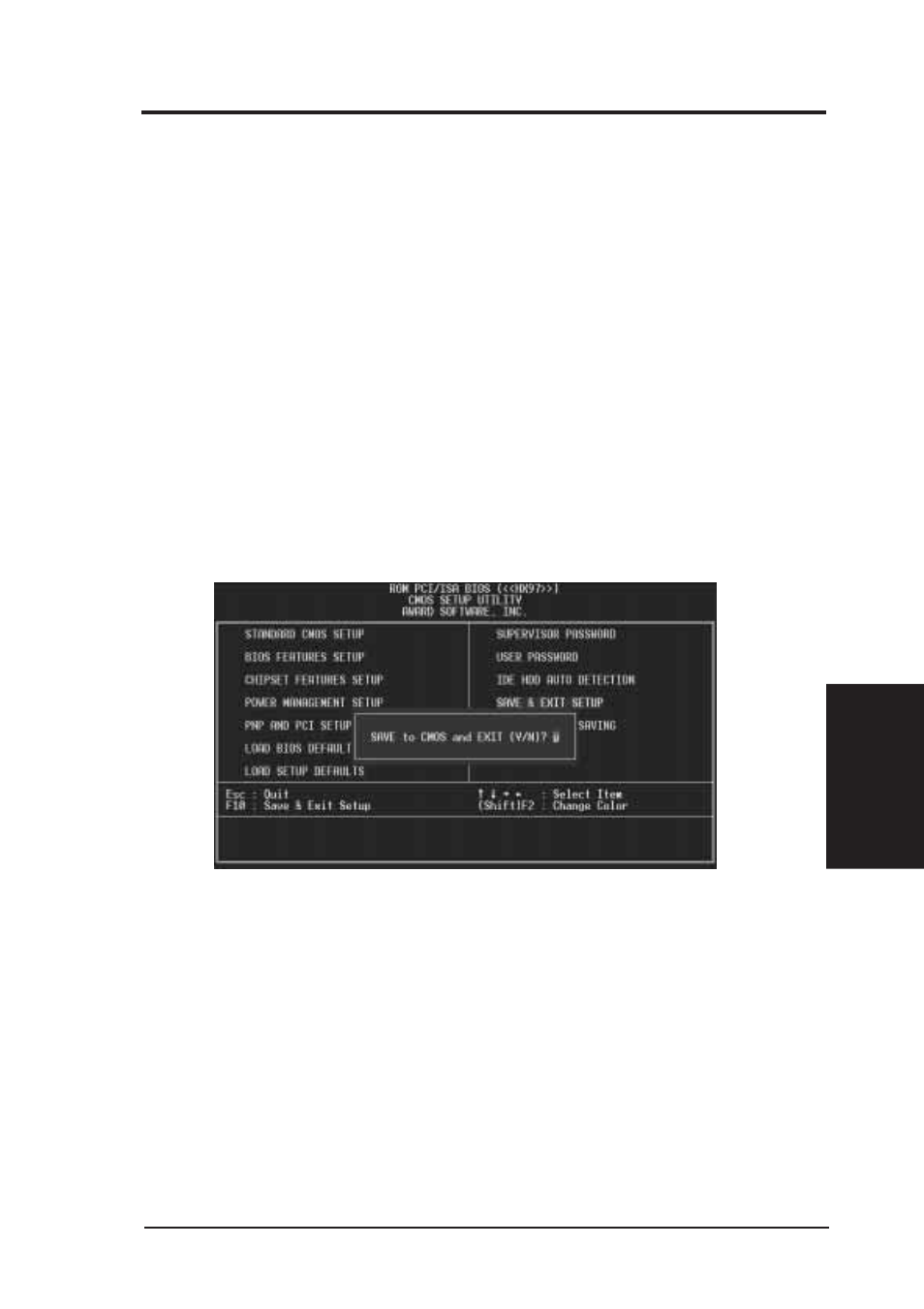 Iv. bios software, Save and exit setup, Exit without saving | Asus Pentium Motherboard HX97 User Manual | Page 53 / 64