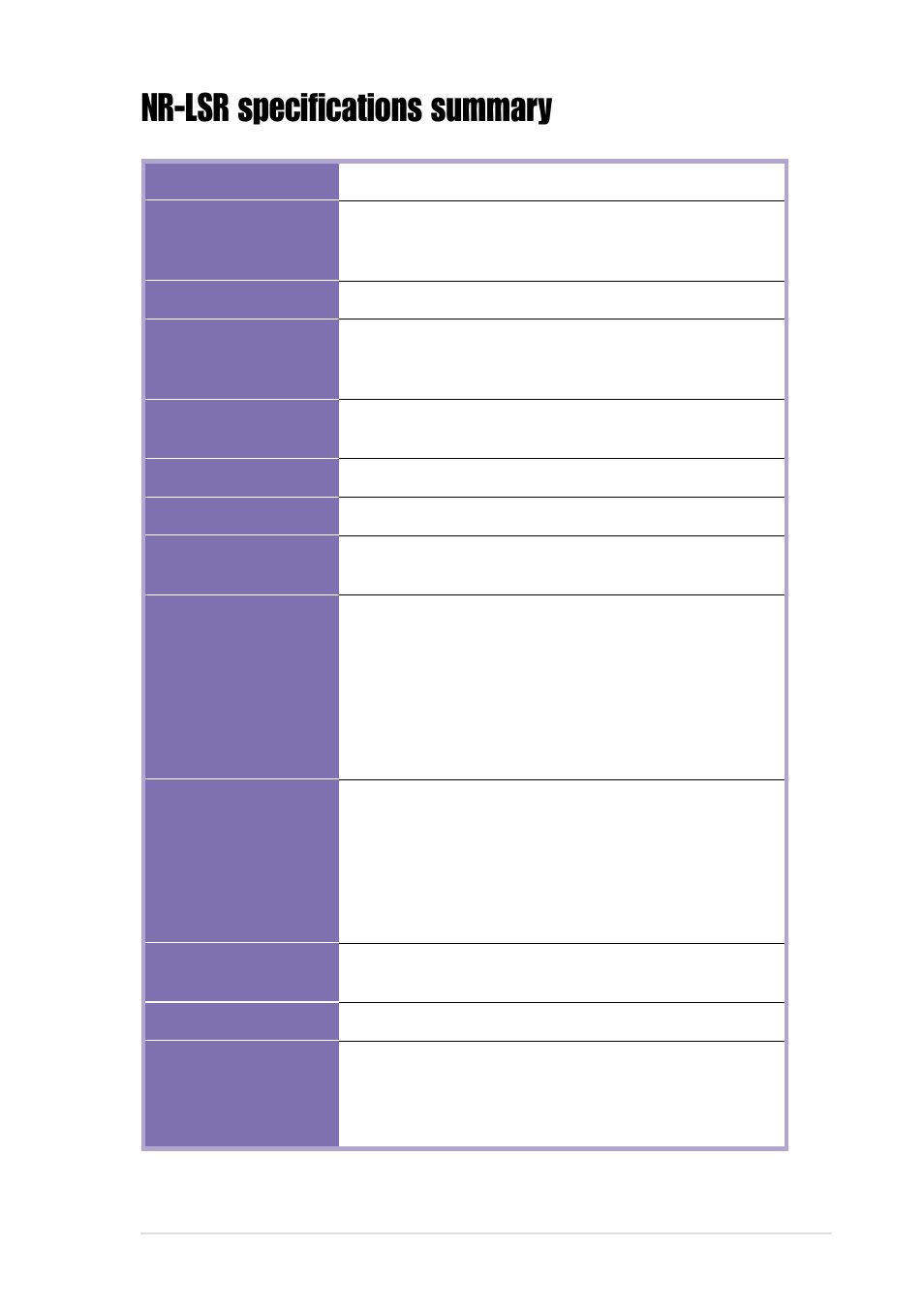 Nr-lsr specifications summary | Asus Motherboard NR-LSR User Manual | Page 11 / 106