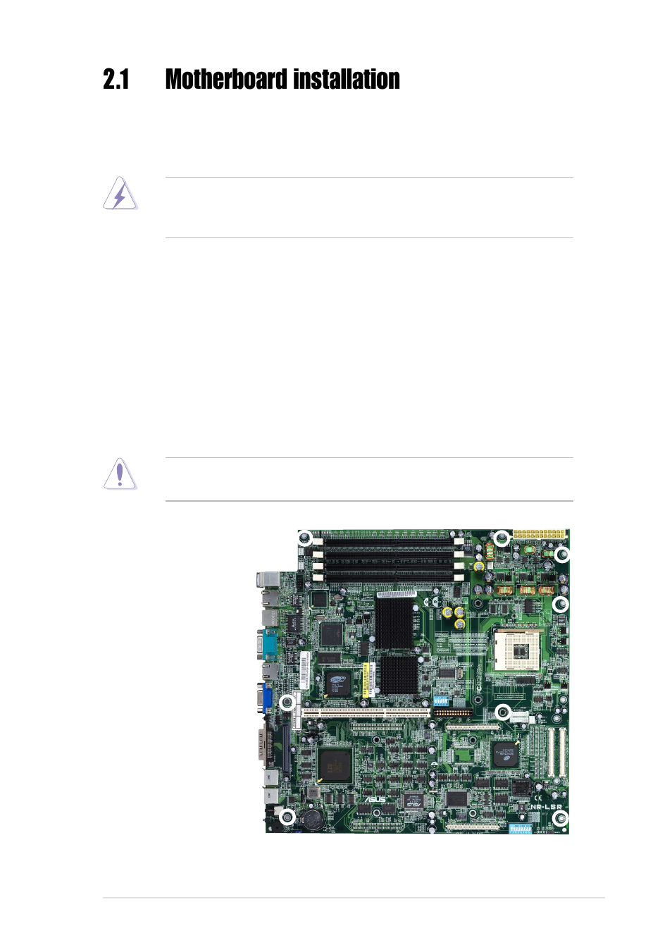 1 motherboard installation, 1 placement direction, 2 screw holes | Asus Motherboard NR-LSR User Manual | Page 27 / 106