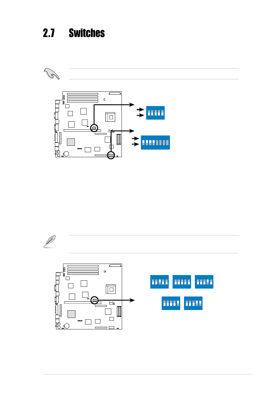 7 switches, Asus nr-lsr motherboard user guide 2-13, Nr-lsr dip switches | Clksw, Nr-lsr cpu external frequency selection | Asus Motherboard NR-LSR User Manual | Page 39 / 106