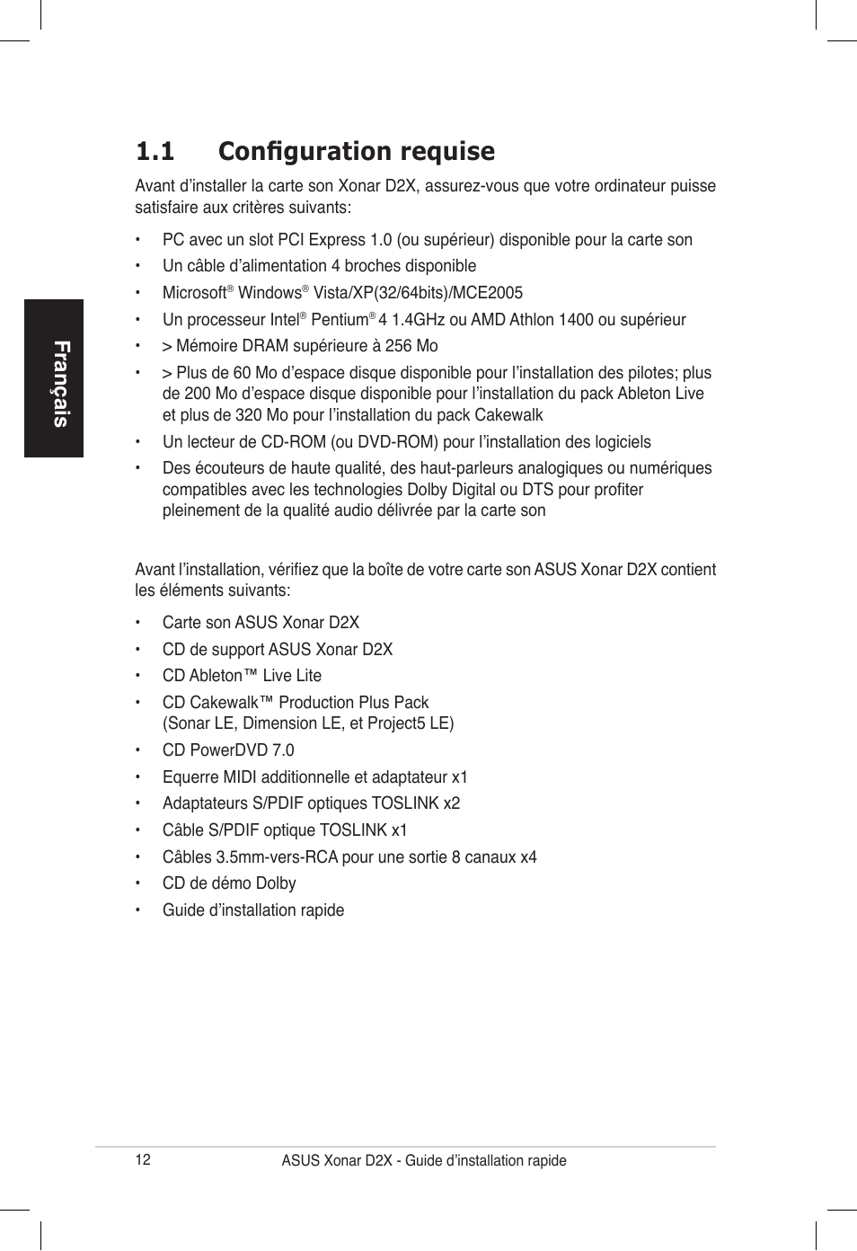 1 configuration requise, Français | Asus Audio Card Xonar D2X User Manual | Page 12 / 70