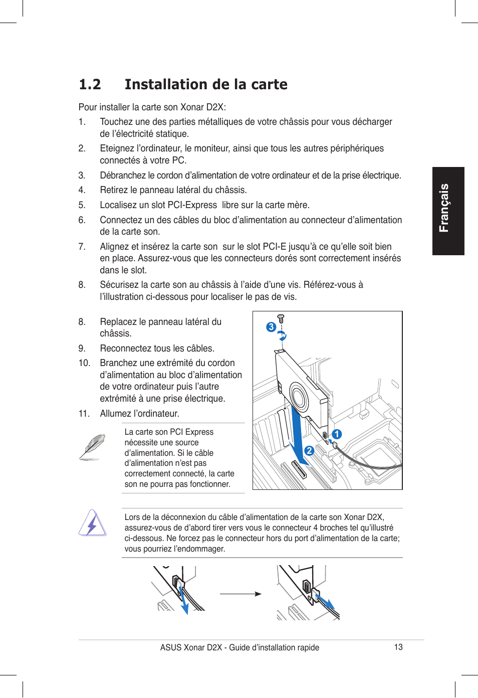 2 installation de la carte | Asus Audio Card Xonar D2X User Manual | Page 13 / 70