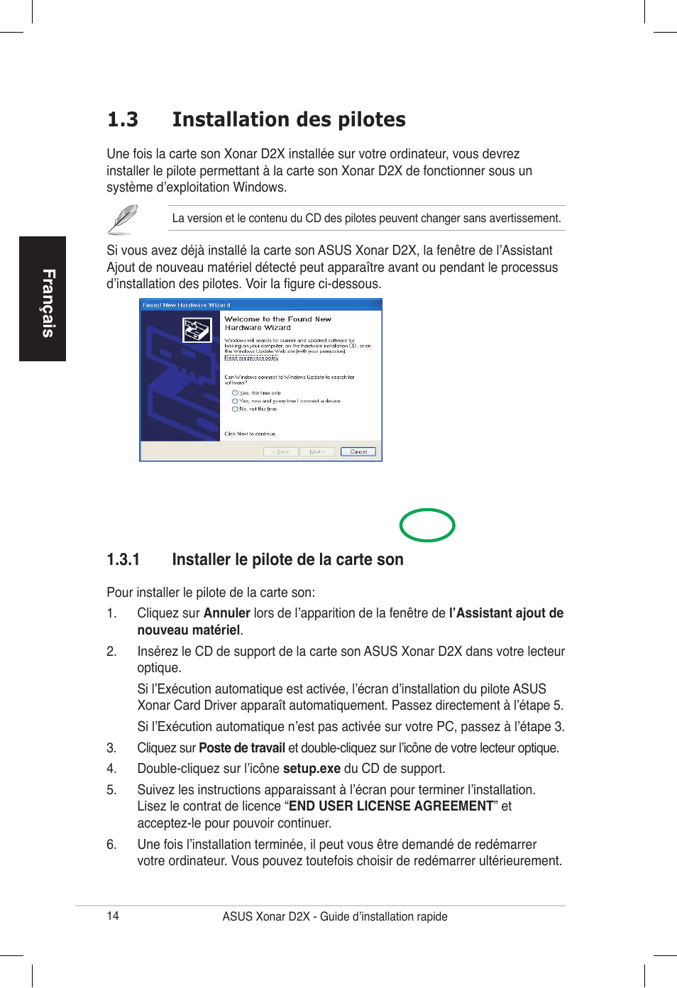 3 installation des pilotes | Asus Audio Card Xonar D2X User Manual | Page 14 / 70