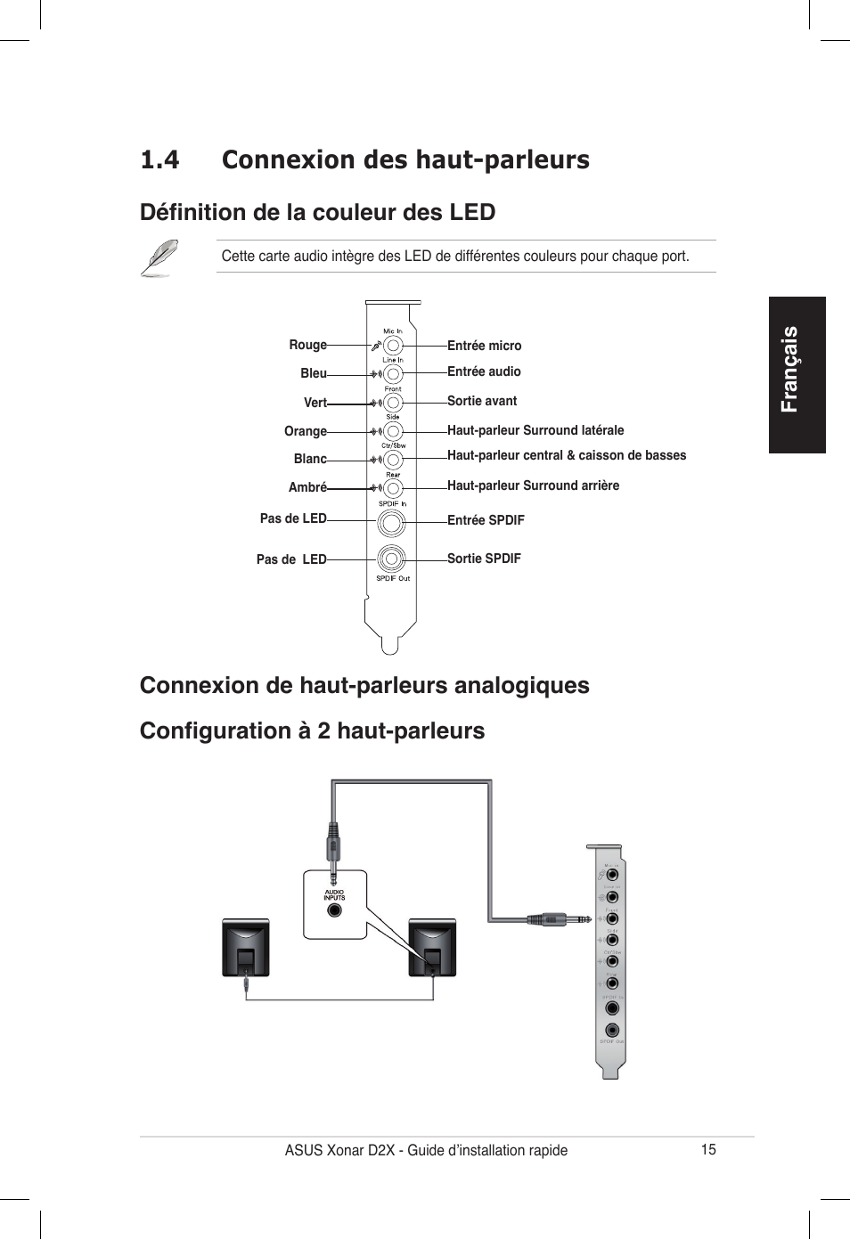 4 connexion des haut-parleurs, Définition de la couleur des led, Français | Asus Audio Card Xonar D2X User Manual | Page 15 / 70