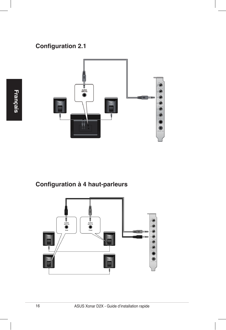 Configuration à 4 haut-parleurs configuration 2.1 | Asus Audio Card Xonar D2X User Manual | Page 16 / 70