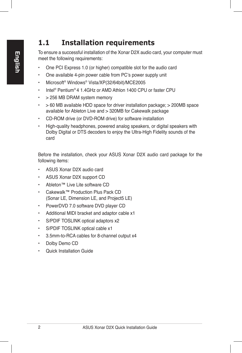 1 installation requirements, English | Asus Audio Card Xonar D2X User Manual | Page 2 / 70