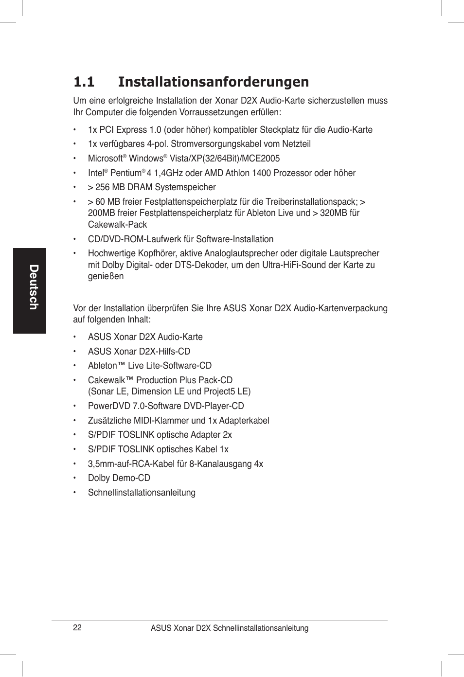 1 installationsanforderungen, Deutsch | Asus Audio Card Xonar D2X User Manual | Page 22 / 70