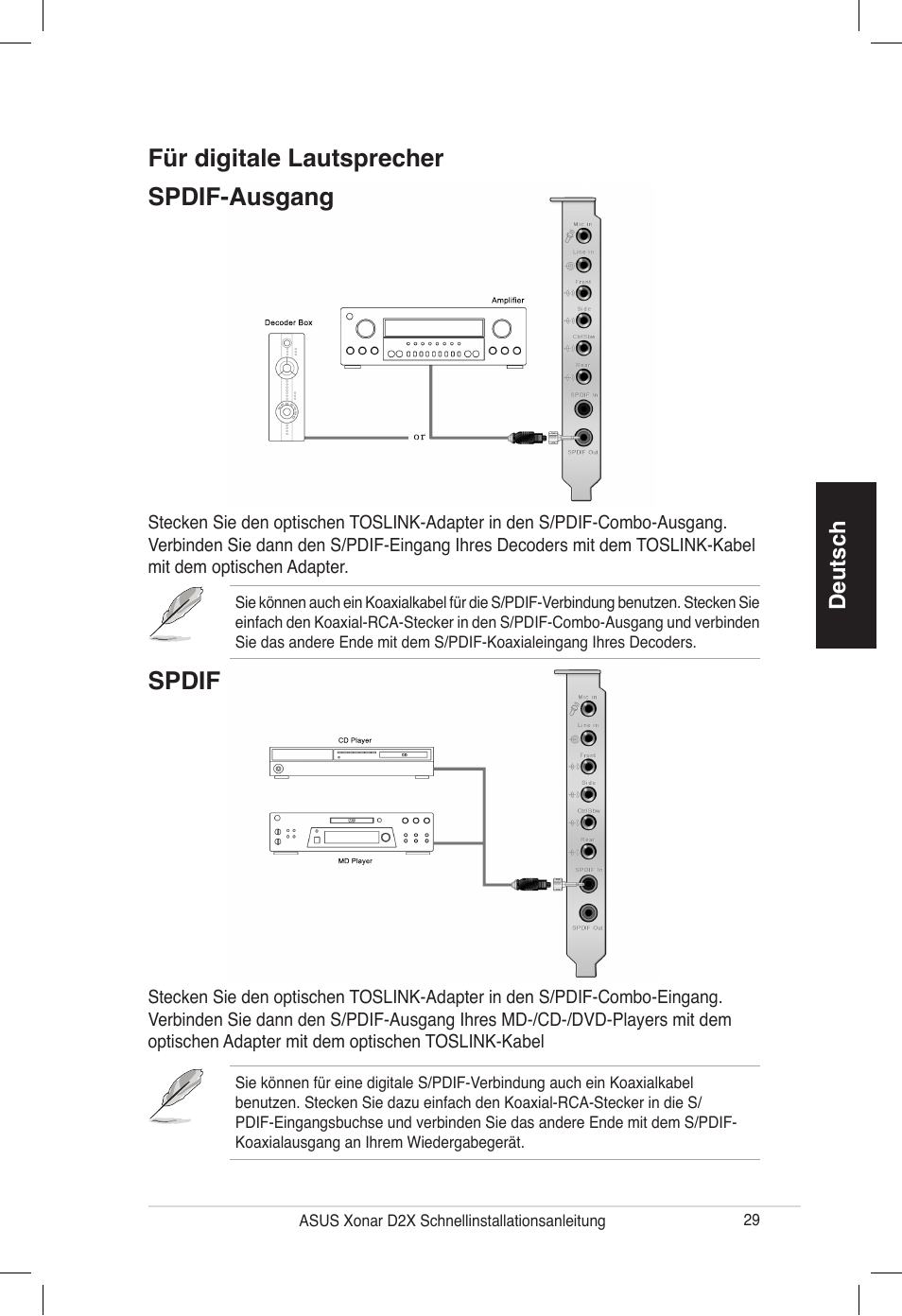 Spdif in, Für digitale lautsprecher spdif-ausgang, Deutsch | Asus Audio Card Xonar D2X User Manual | Page 29 / 70