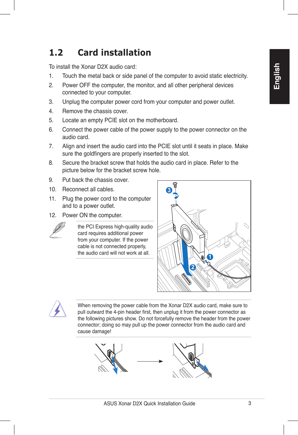 2 card installation | Asus Audio Card Xonar D2X User Manual | Page 3 / 70