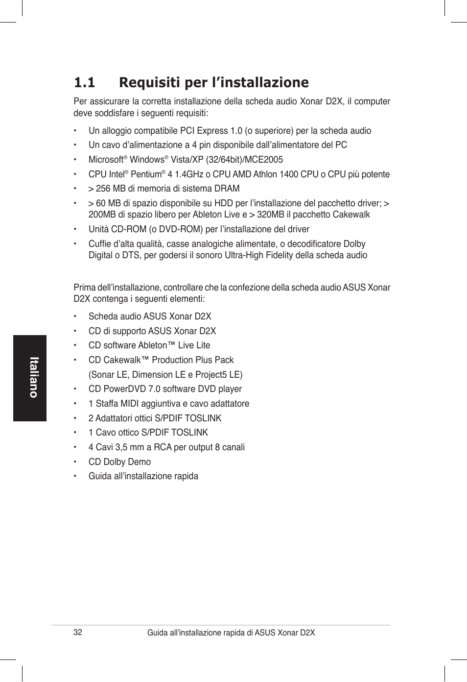 1 requisiti per l’installazione, Italiano | Asus Audio Card Xonar D2X User Manual | Page 32 / 70