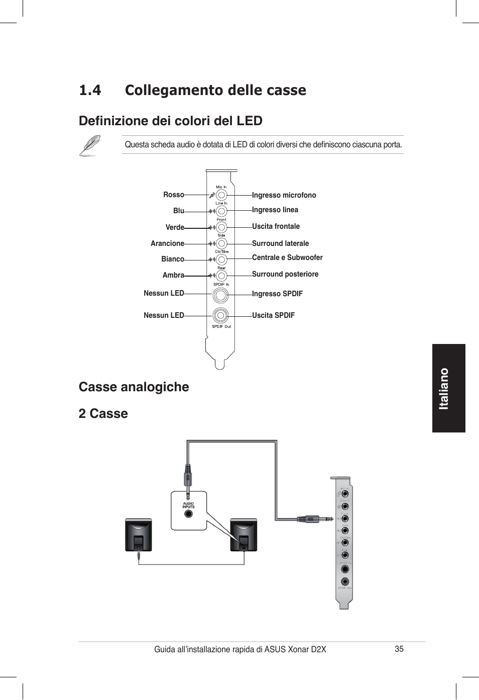 4 collegamento delle casse, Casse analogiche 2 casse, Definizione dei colori del led | Italiano | Asus Audio Card Xonar D2X User Manual | Page 35 / 70
