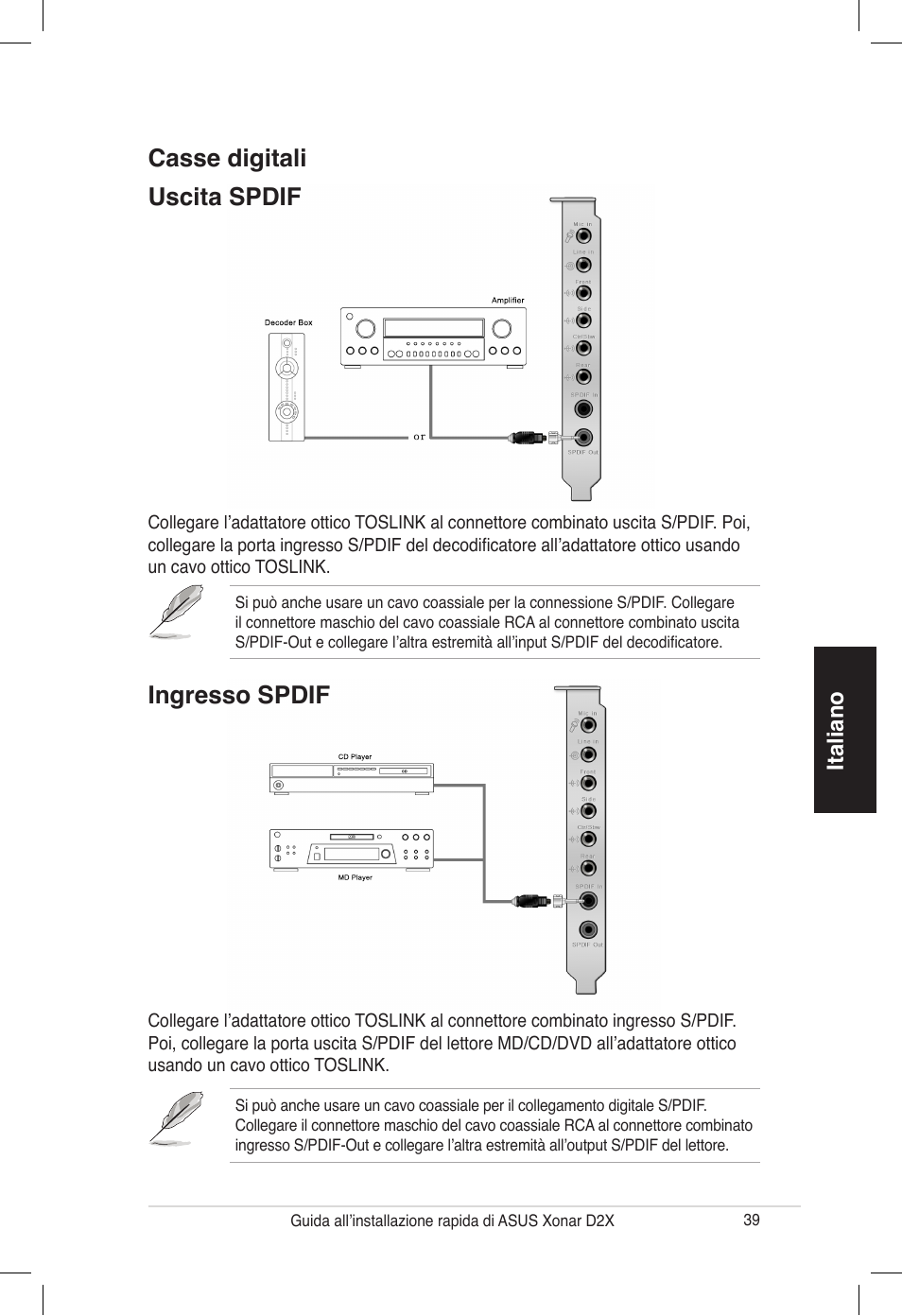 Casse digitali uscita spdif, Ingresso spdif, Italiano | Asus Audio Card Xonar D2X User Manual | Page 39 / 70