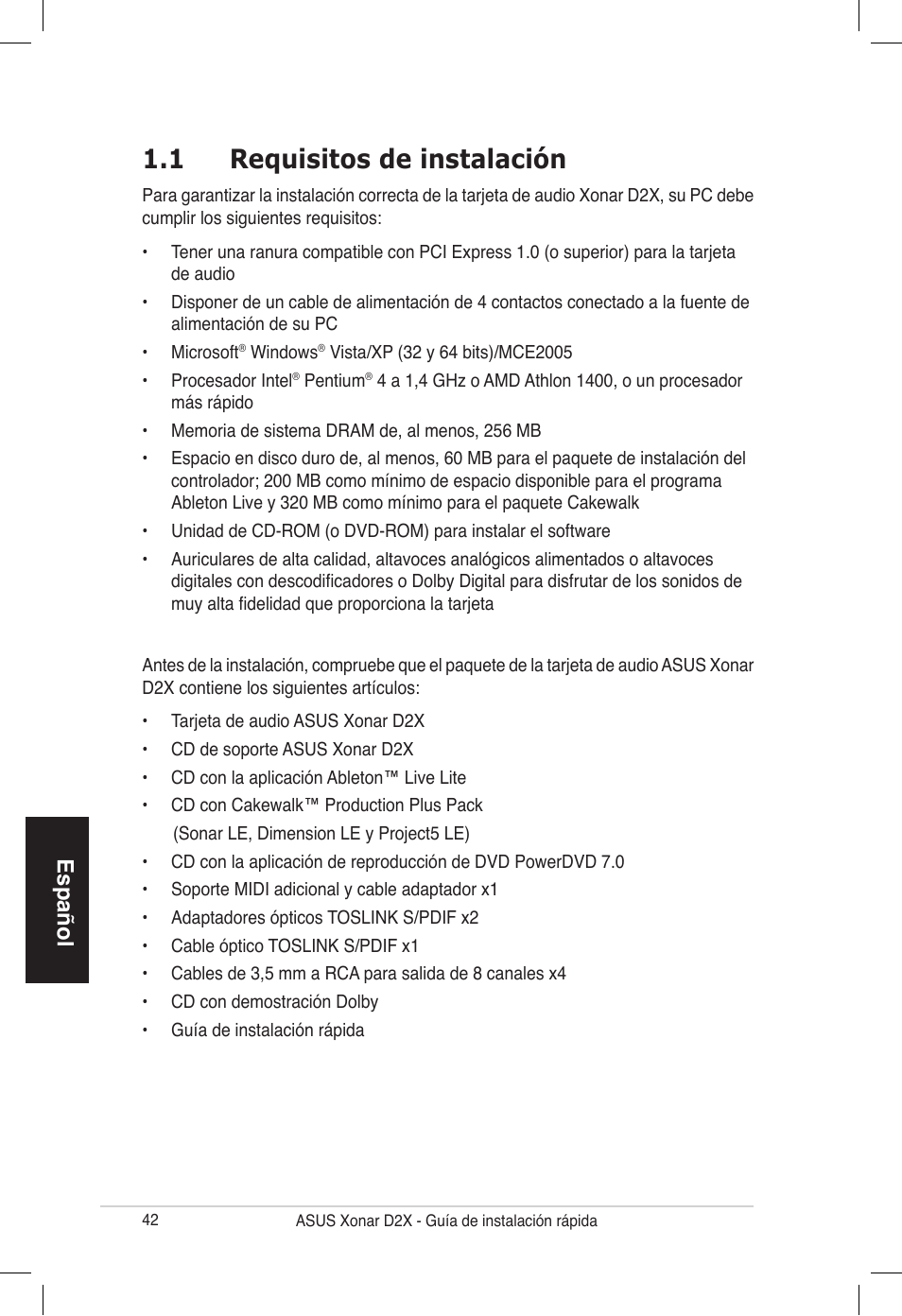 1 requisitos de instalación, Español | Asus Audio Card Xonar D2X User Manual | Page 42 / 70