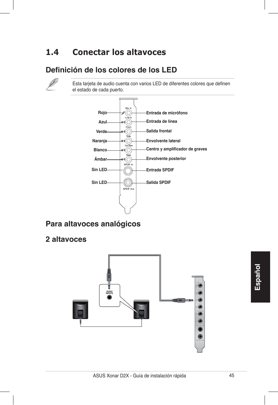 4 conectar los altavoces, Para altavoces analógicos 2 altavoces, Definición de los colores de los led | Español | Asus Audio Card Xonar D2X User Manual | Page 45 / 70