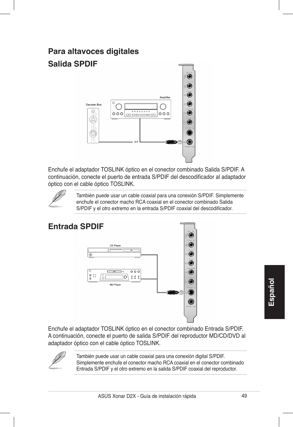 Para altavoces digitales salida spdif, Entrada spdif, Español | Asus Audio Card Xonar D2X User Manual | Page 49 / 70