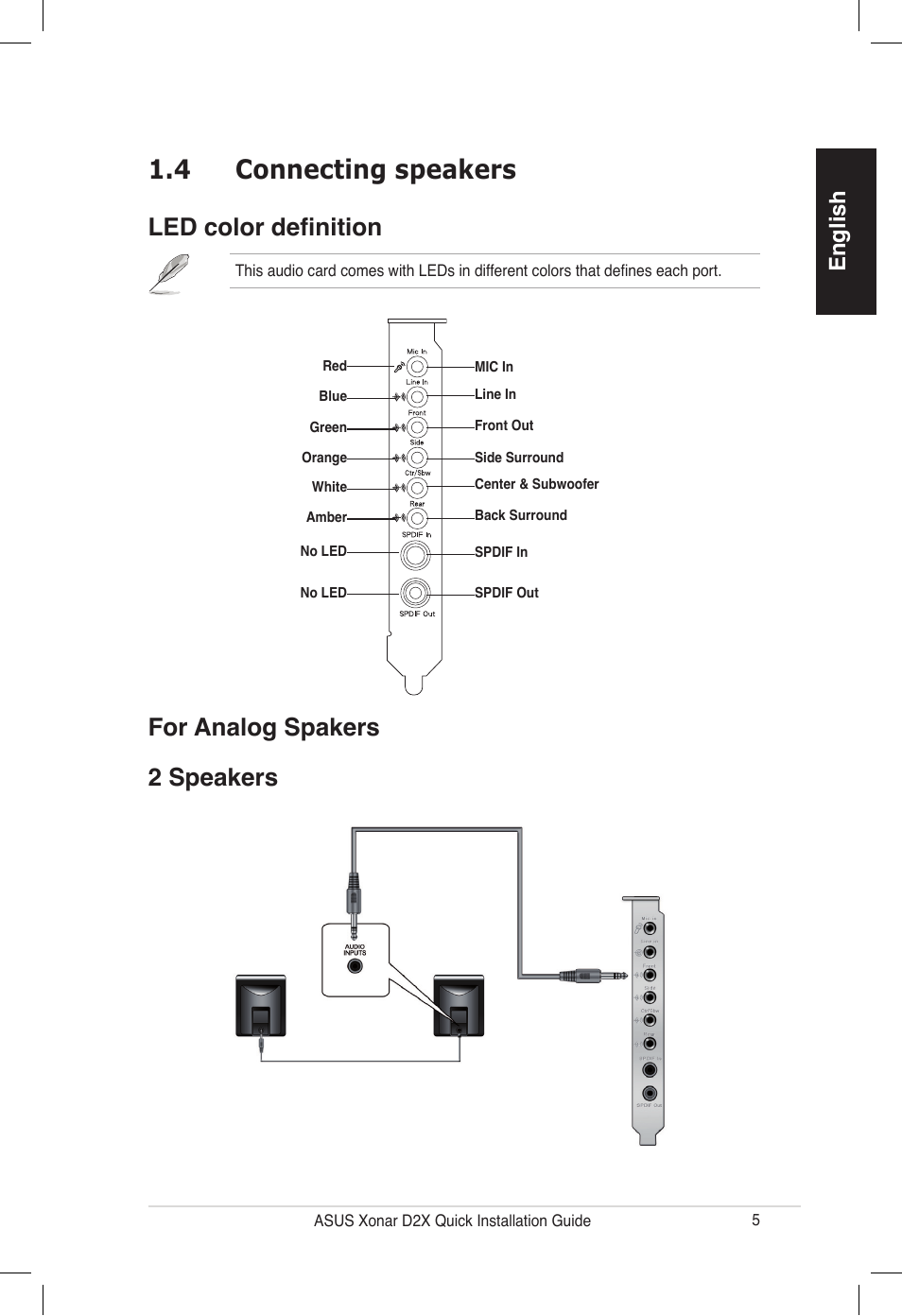 4 connecting speakers, For analog spakers 2 speakers, Led color definition | English | Asus Audio Card Xonar D2X User Manual | Page 5 / 70