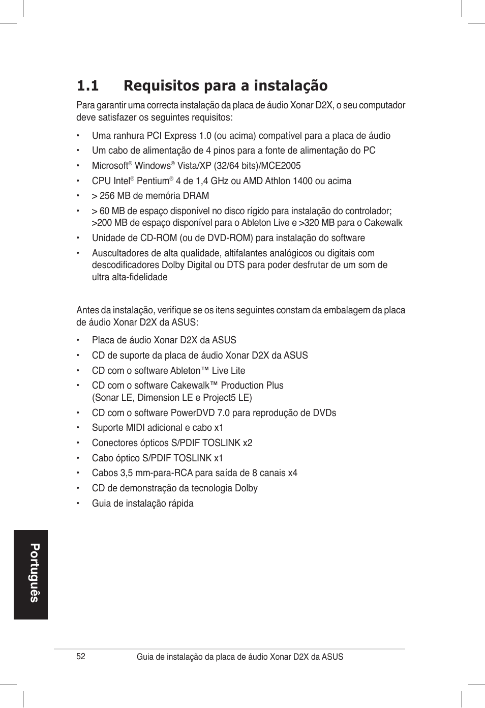 1 requisitos para a instalação, Português | Asus Audio Card Xonar D2X User Manual | Page 52 / 70