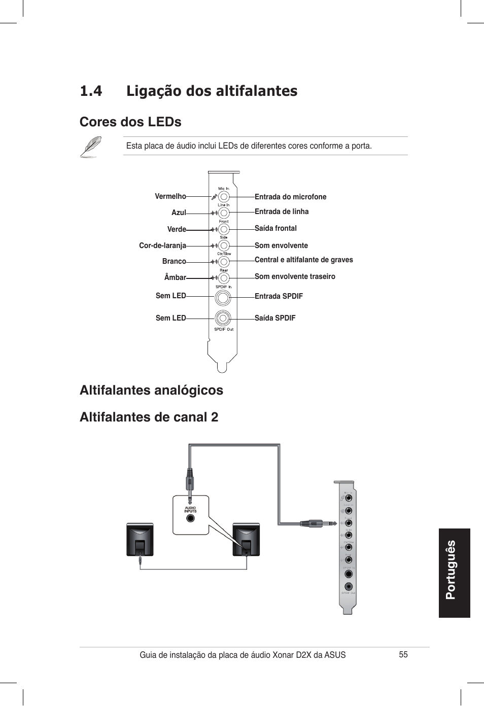 4 ligação dos altifalantes, Altifalantes analógicos altifalantes de canal 2, Cores dos leds | Português | Asus Audio Card Xonar D2X User Manual | Page 55 / 70