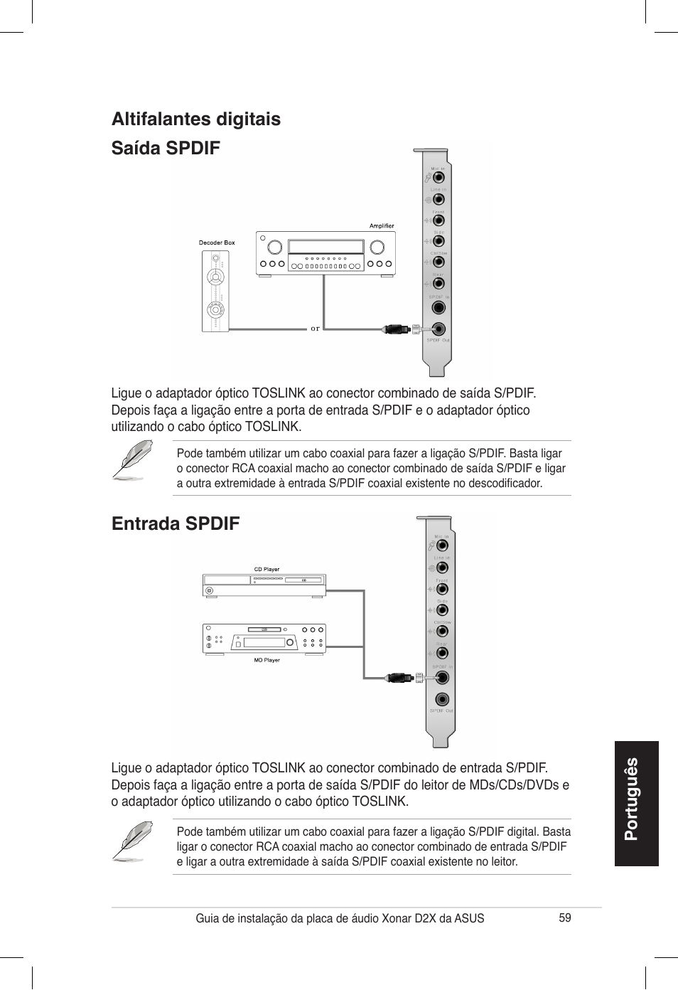 Altifalantes digitais saída spdif, Entrada spdif, Português | Asus Audio Card Xonar D2X User Manual | Page 59 / 70