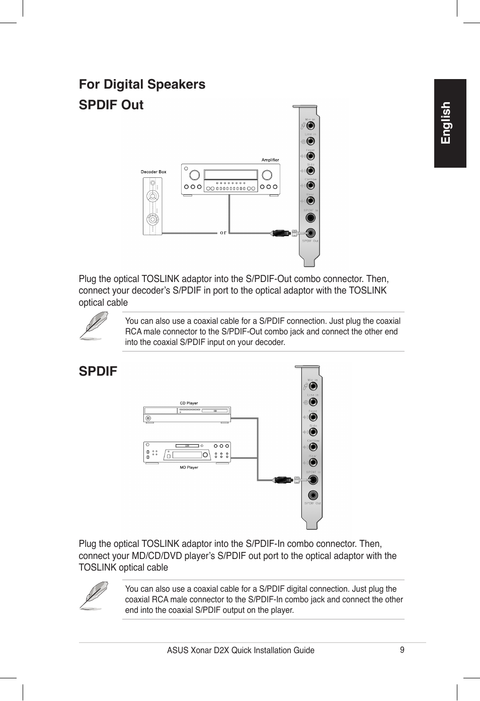 Spdif in, For digital speakers spdif out, English | Asus Audio Card Xonar D2X User Manual | Page 9 / 70