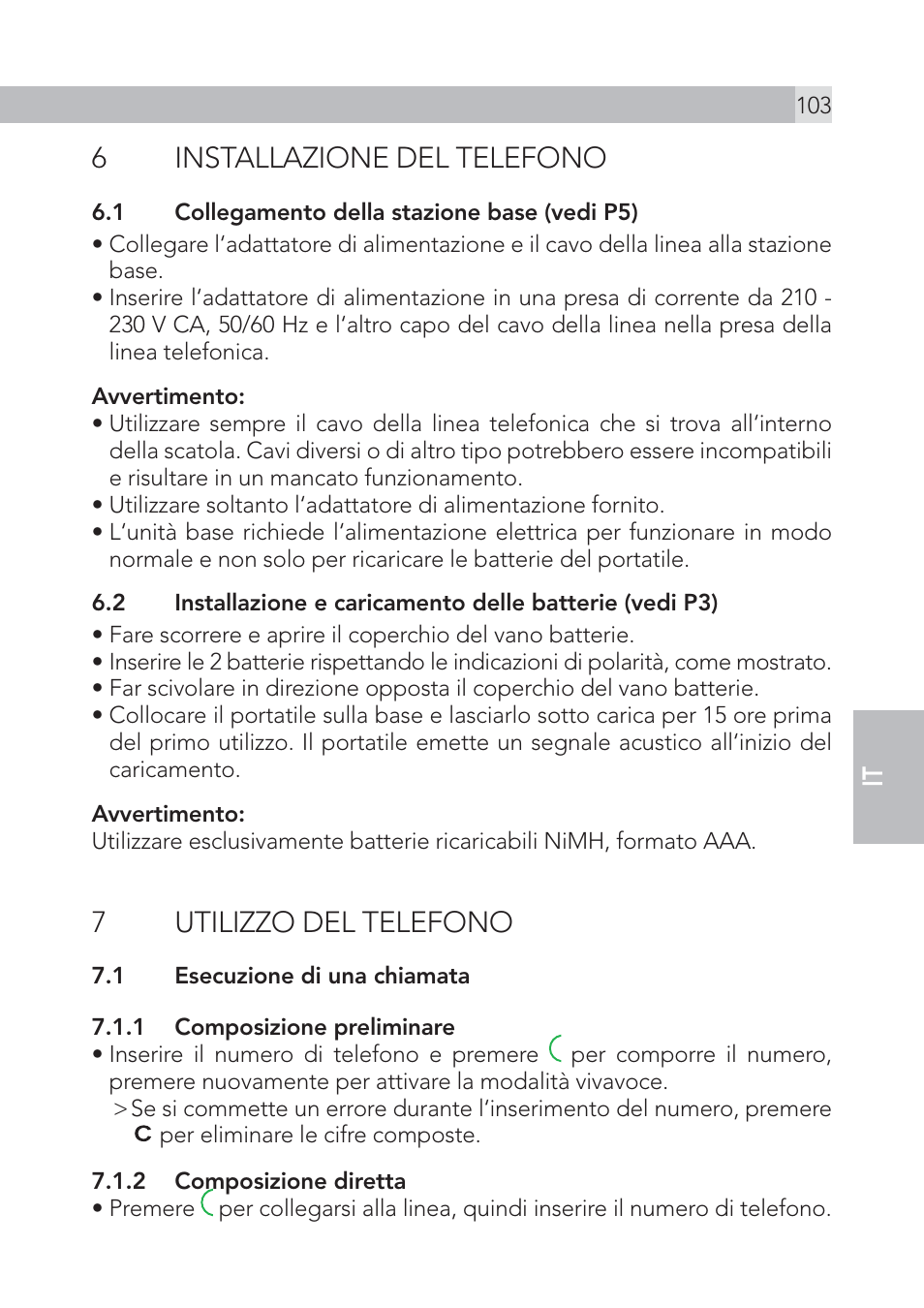 6installazione del telefono, 7utilizzo del telefono | AEG Voxtel S105 User Manual | Page 103 / 268