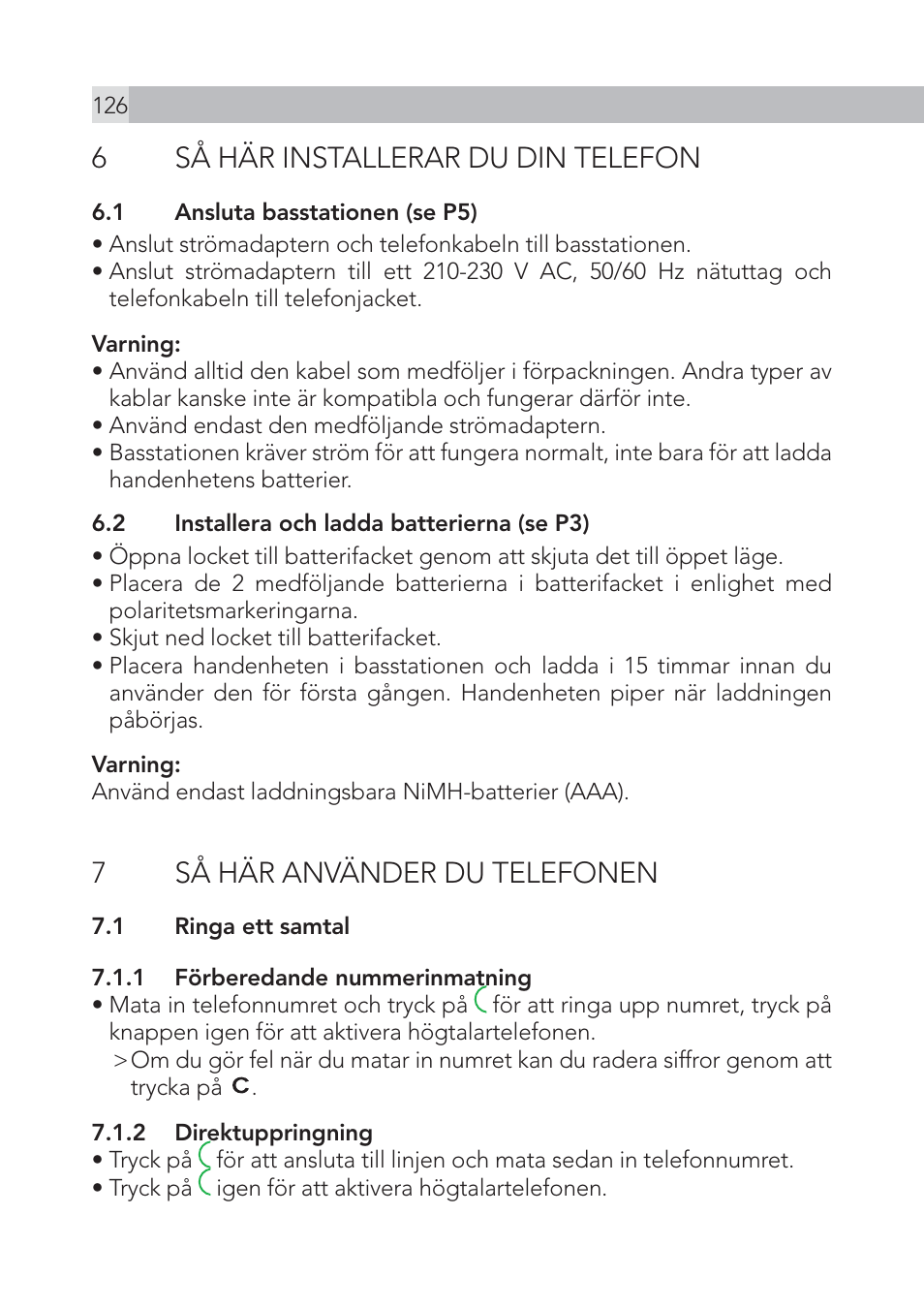 6så här installerar du din telefon, 7så här använder du telefonen | AEG Voxtel S105 User Manual | Page 126 / 268