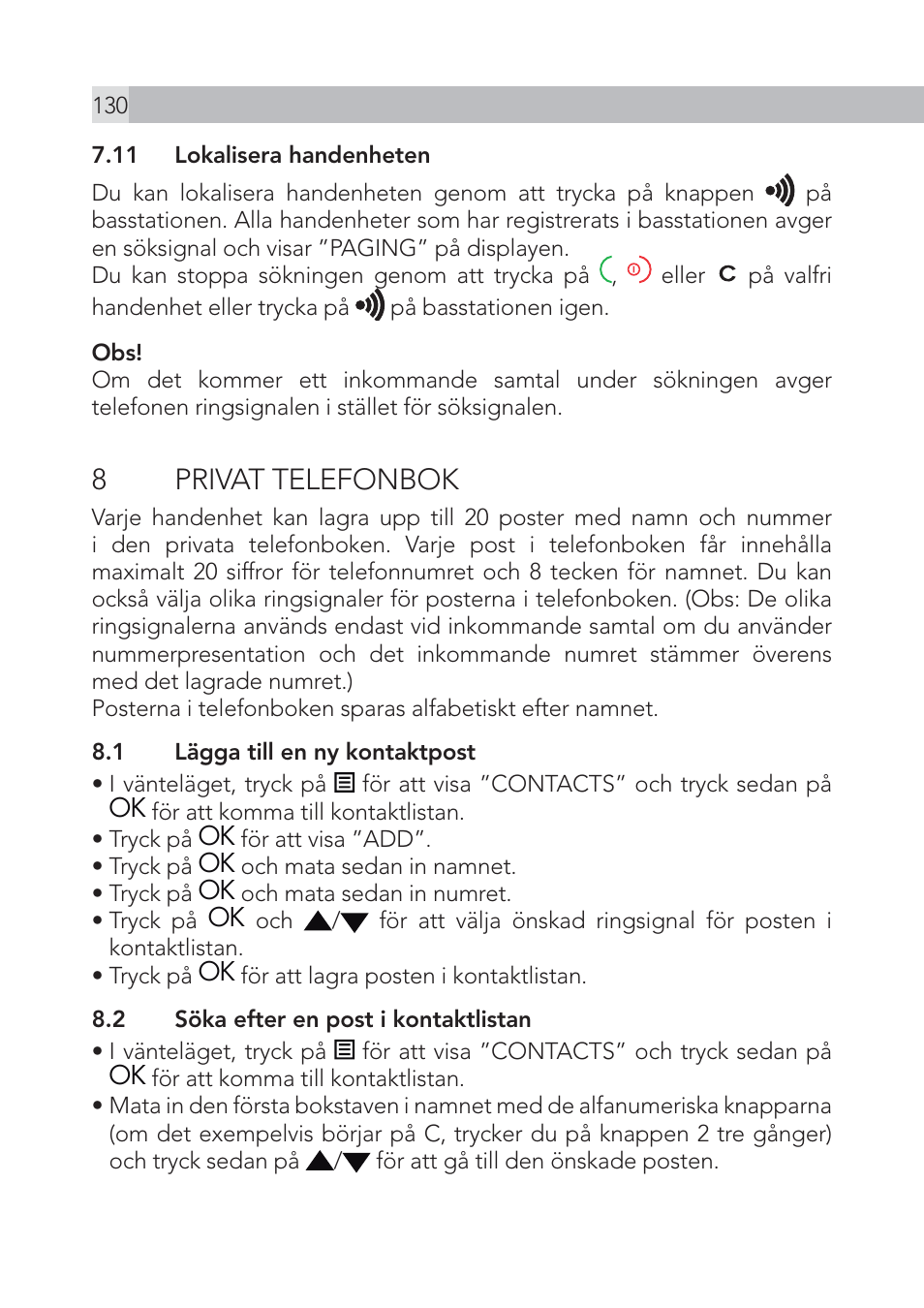 8 privat telefonbok | AEG Voxtel S105 User Manual | Page 130 / 268