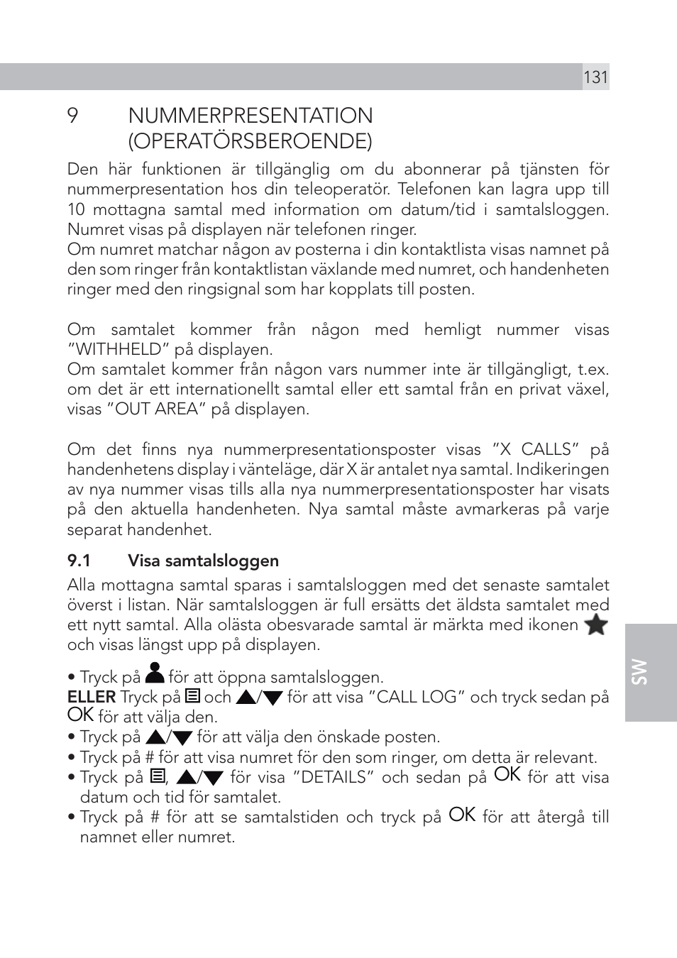 9 nummerpresentation (operatörsberoende) | AEG Voxtel S105 User Manual | Page 131 / 268