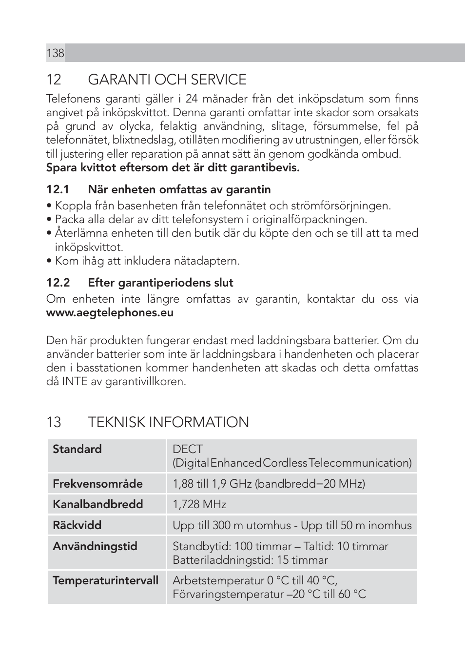 12 garanti och service, 13 teknisk information | AEG Voxtel S105 User Manual | Page 138 / 268