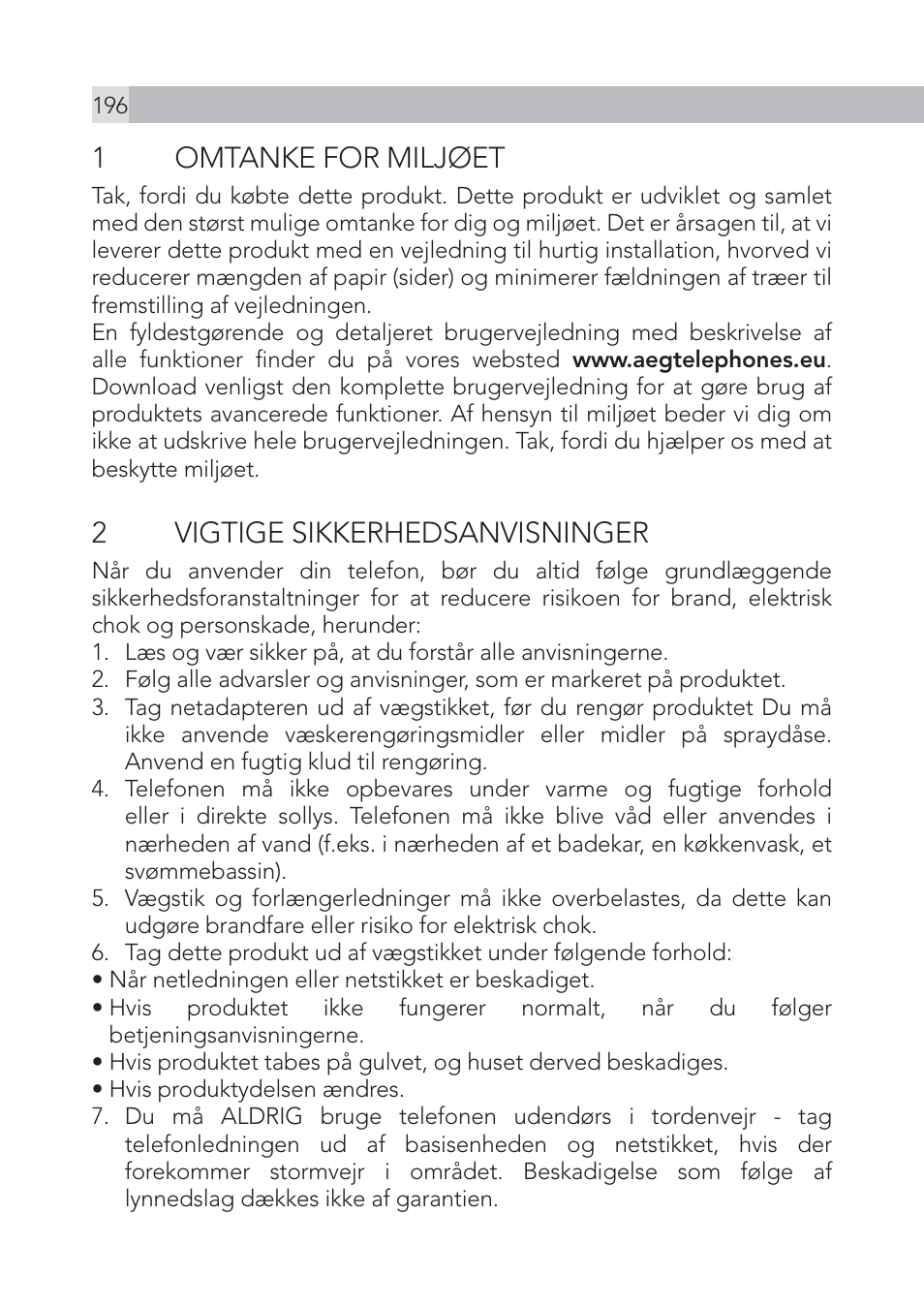 1omtanke for miljøet, 2 vigtige sikkerhedsanvisninger | AEG Voxtel S105 User Manual | Page 196 / 268