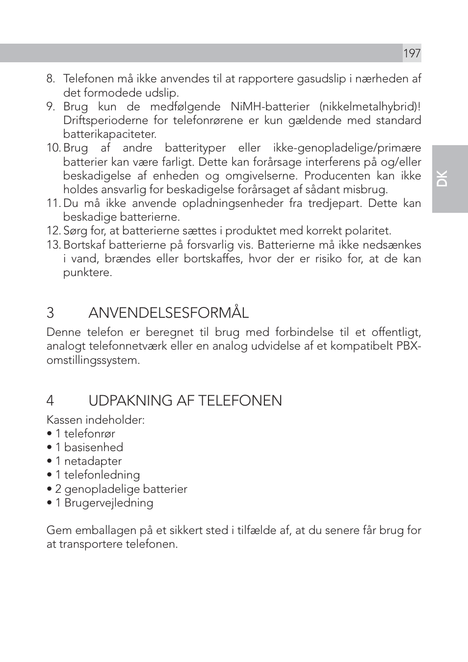 3 anvendelsesformål, 4udpakning af telefonen, En dk | AEG Voxtel S105 User Manual | Page 197 / 268