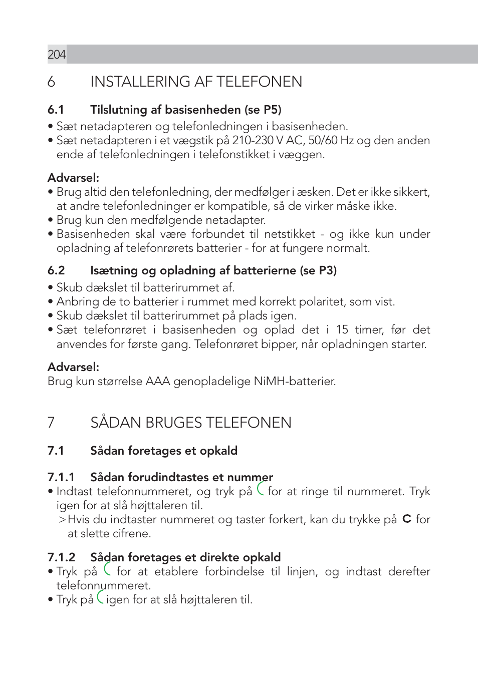 6installering af telefonen, 7sådan bruges telefonen | AEG Voxtel S105 User Manual | Page 204 / 268