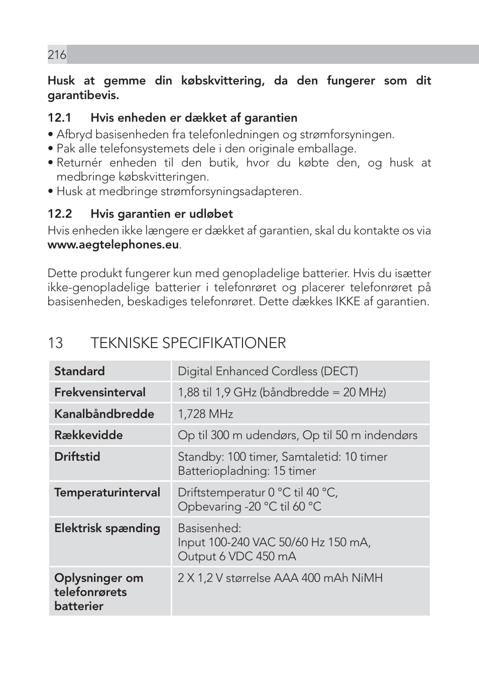 13 tekniske specifikationer | AEG Voxtel S105 User Manual | Page 216 / 268