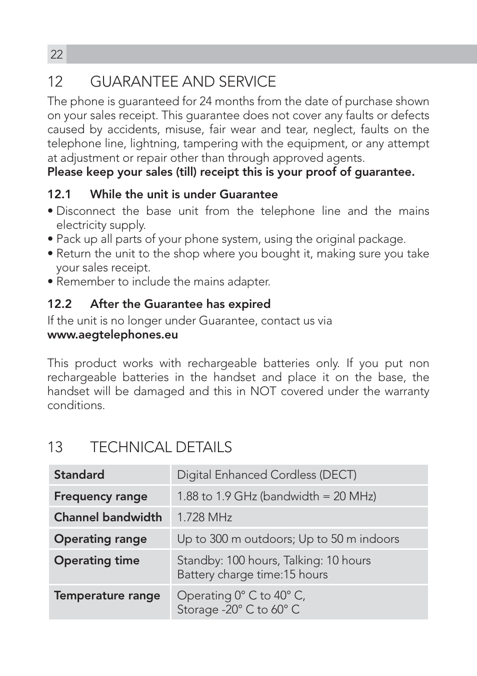 12 guarantee and service, 13 technical details | AEG Voxtel S105 User Manual | Page 22 / 268