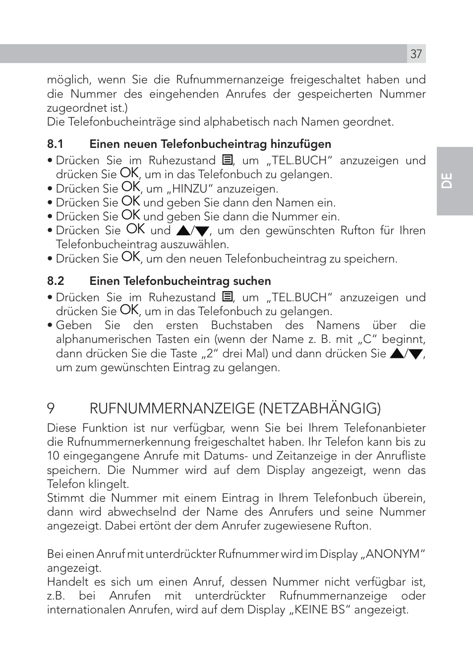 9 rufnummernanzeige (netzabhängig), En de | AEG Voxtel S105 User Manual | Page 37 / 268