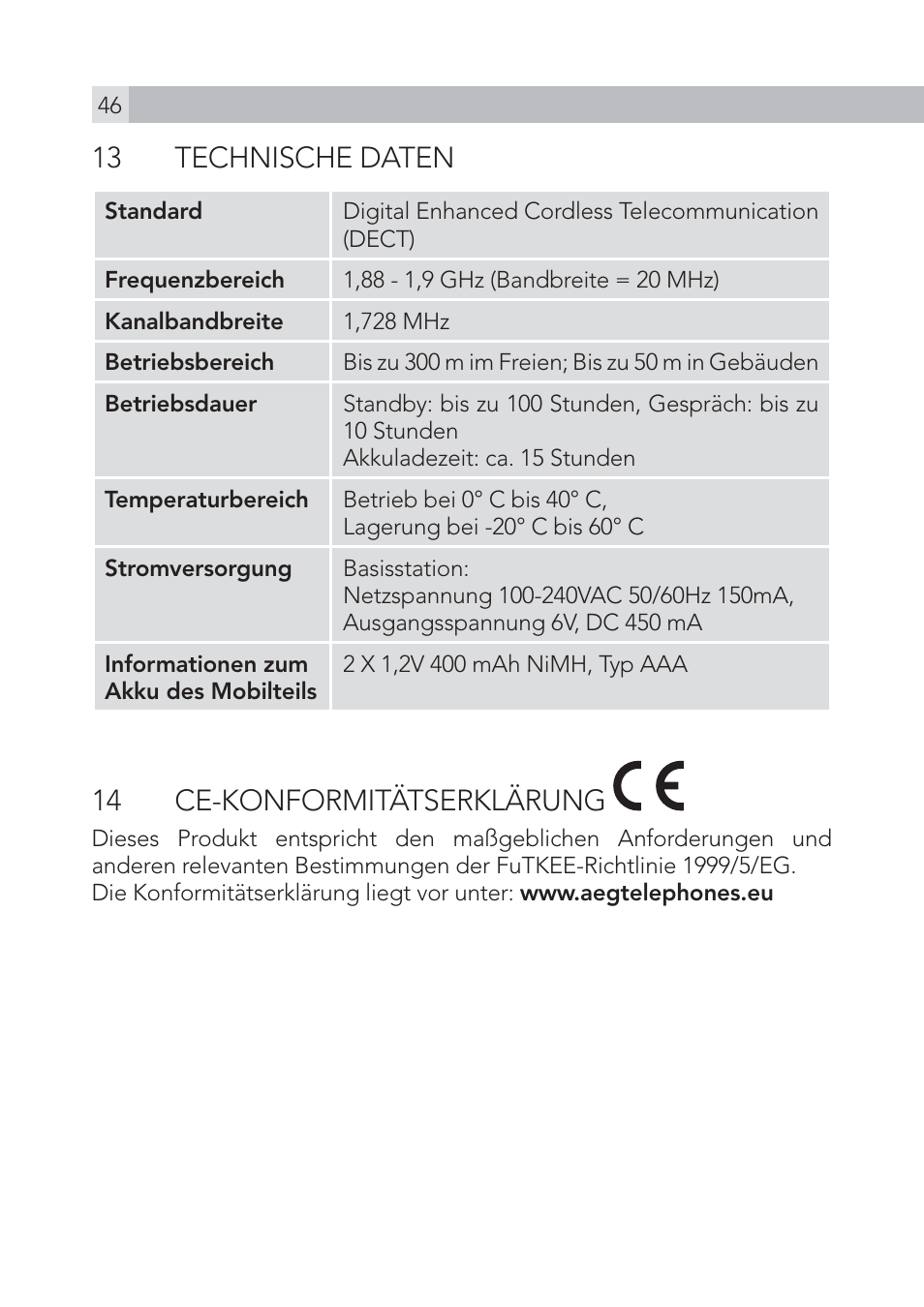 13 technische daten, 14 ce-konformitätserklärung | AEG Voxtel S105 User Manual | Page 46 / 268