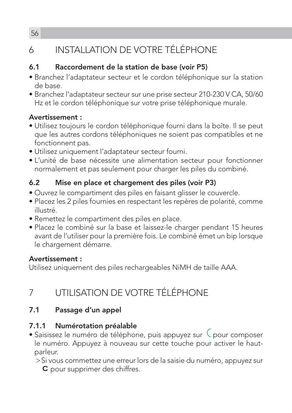6installation de votre téléphone, 7utilisation de votre téléphone | AEG Voxtel S105 User Manual | Page 56 / 268