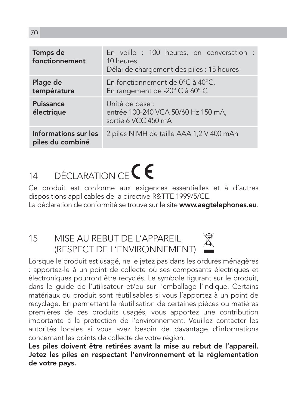 14 déclaration ce | AEG Voxtel S105 User Manual | Page 70 / 268