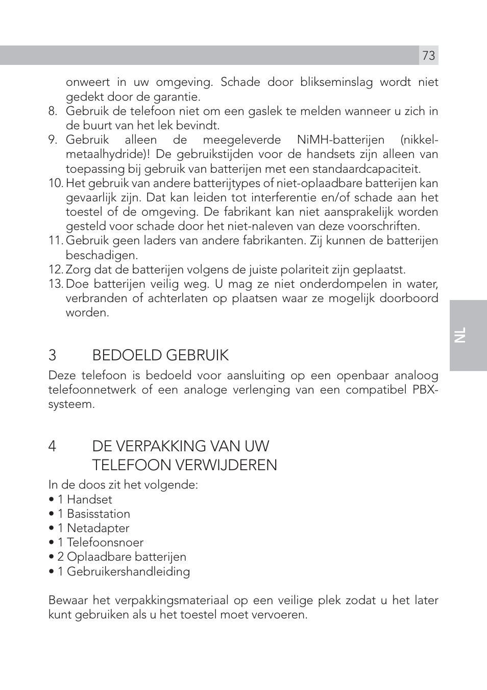 3 bedoeld gebruik, 4de verpakking van uw telefoon verwijderen | AEG Voxtel S105 User Manual | Page 73 / 268