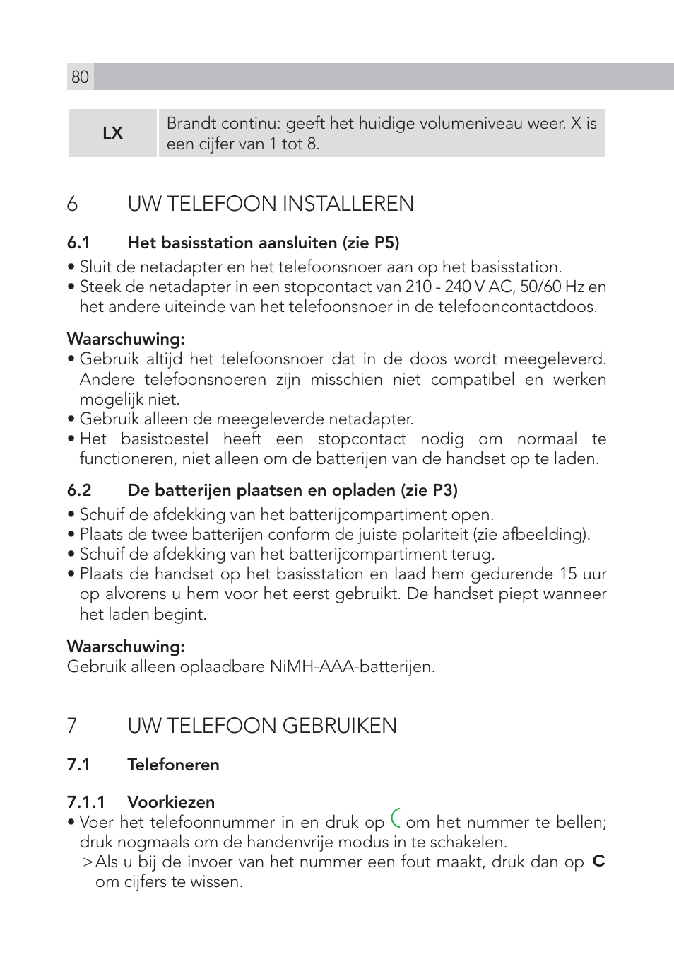 6uw telefoon installeren, 7uw telefoon gebruiken | AEG Voxtel S105 User Manual | Page 80 / 268
