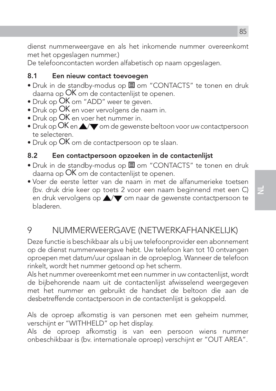 9 nummerweergave (netwerkafhankelijk) | AEG Voxtel S105 User Manual | Page 85 / 268