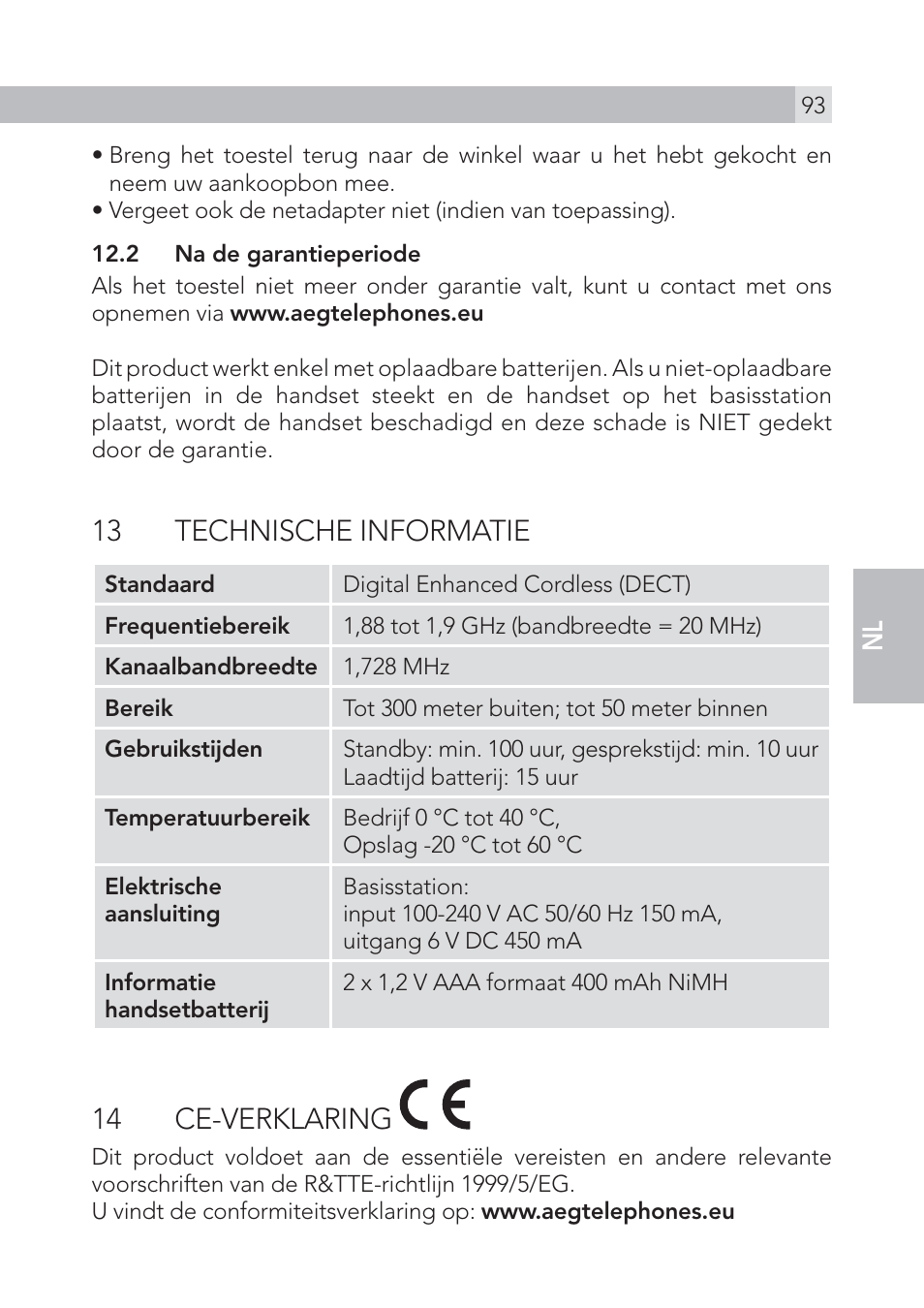 13 technische informatie, 14 ce-verklaring | AEG Voxtel S105 User Manual | Page 93 / 268