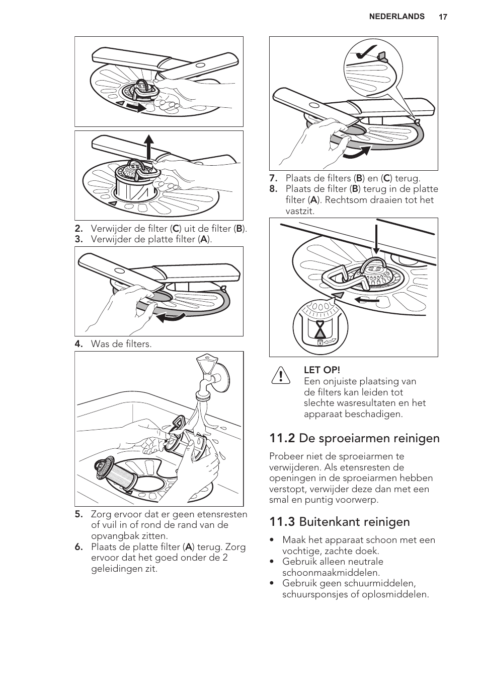 2 de sproeiarmen reinigen, 3 buitenkant reinigen | AEG F55402IM0P User Manual | Page 17 / 76