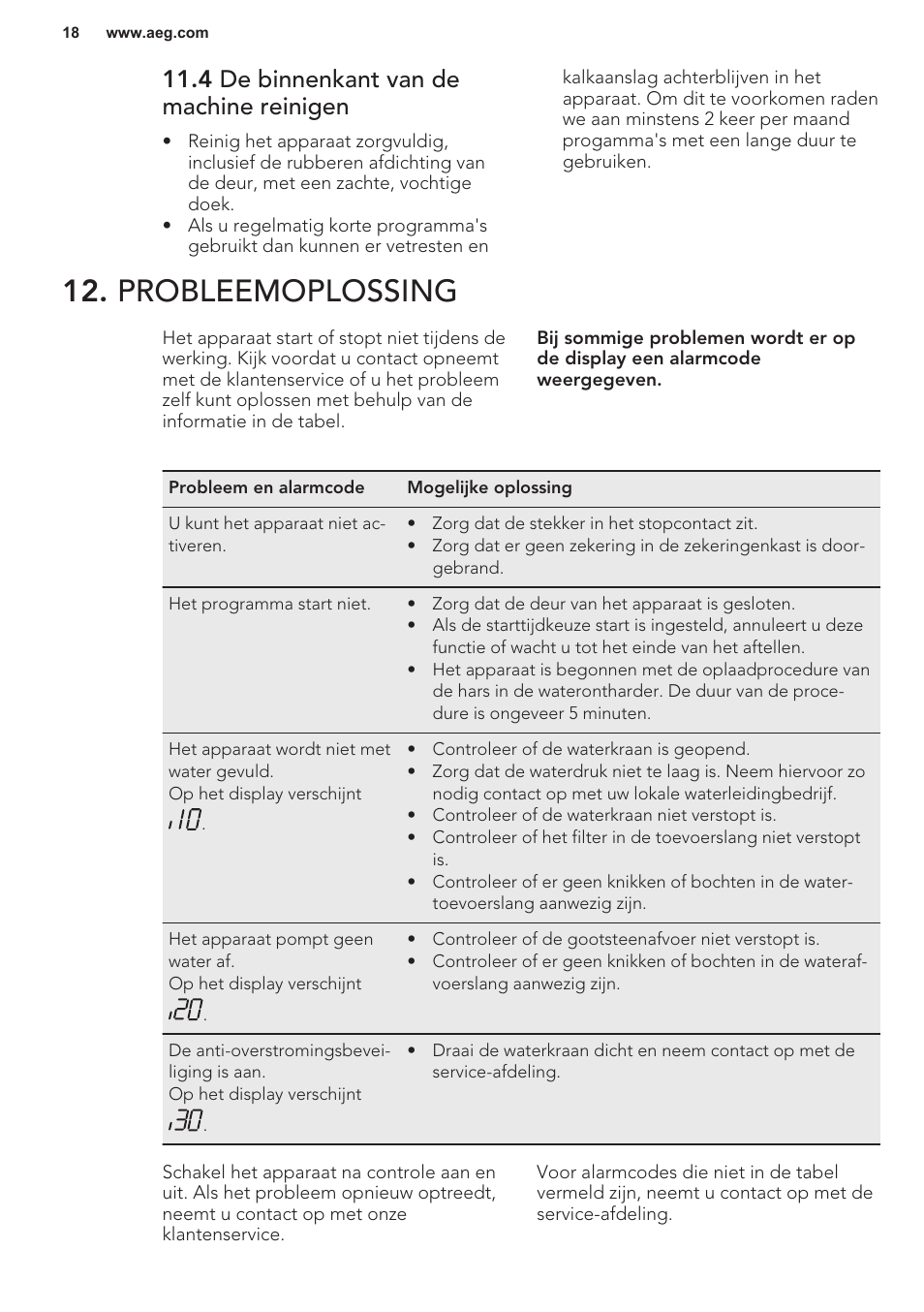 4 de binnenkant van de machine reinigen, Probleemoplossing | AEG F55402IM0P User Manual | Page 18 / 76