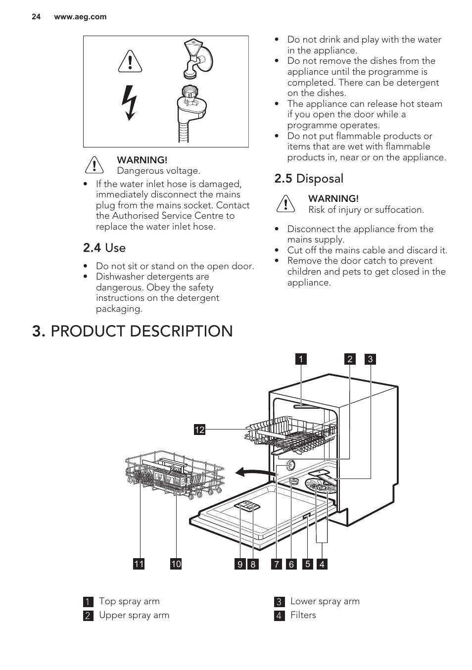 4 use, 5 disposal, Product description | AEG F55402IM0P User Manual | Page 24 / 76