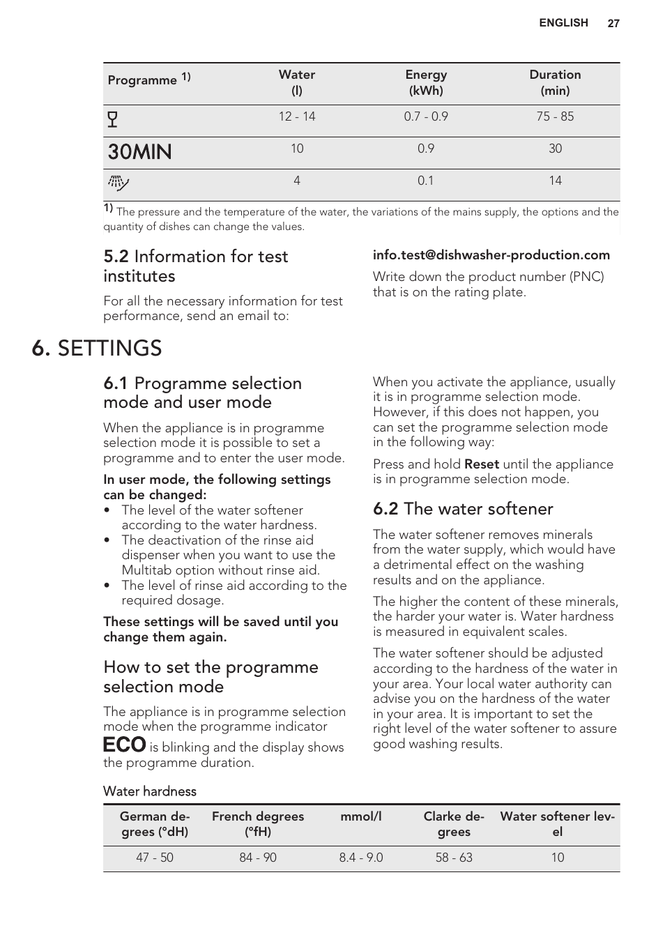 2 information for test institutes, Settings, 1 programme selection mode and user mode | How to set the programme selection mode, 2 the water softener | AEG F55402IM0P User Manual | Page 27 / 76