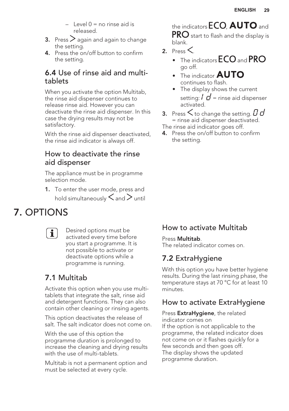 4 use of rinse aid and multi-tablets, How to deactivate the rinse aid dispenser, Options | 1 multitab, How to activate multitab, 2 extrahygiene, How to activate extrahygiene, 4 use of rinse aid and multi- tablets | AEG F55402IM0P User Manual | Page 29 / 76