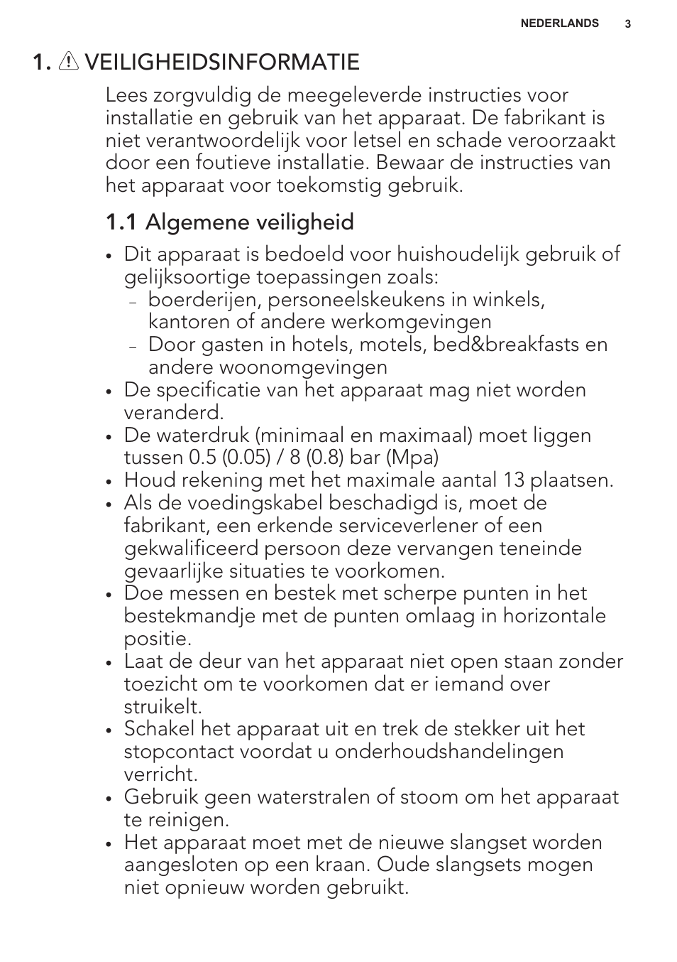 Veiligheidsinformatie, 1 algemene veiligheid | AEG F55402IM0P User Manual | Page 3 / 76