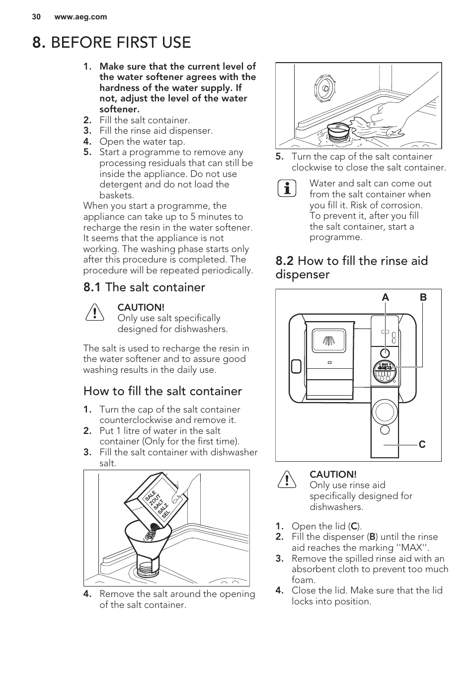 Before first use, 1 the salt container, How to fill the salt container | 2 how to fill the rinse aid dispenser | AEG F55402IM0P User Manual | Page 30 / 76